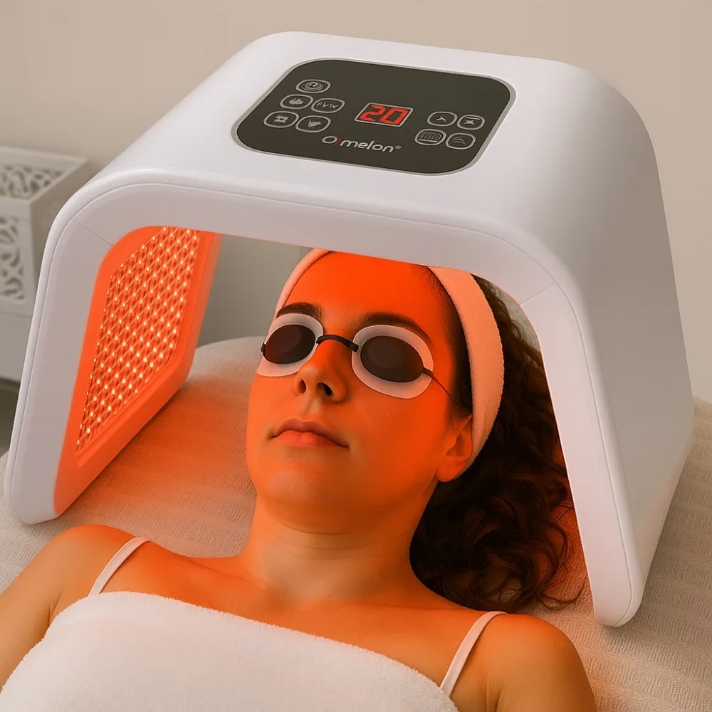 Cô gái thực hiện liệu trình LED Light Therapy với thiết bị chuyên dụng tại phòng khám.