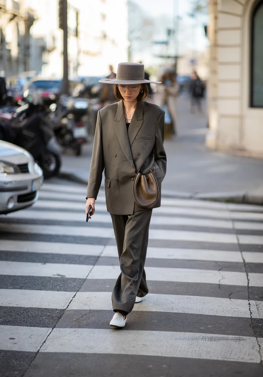 Suit xanh rêu và nón cùng màu cho cô nàng công sở