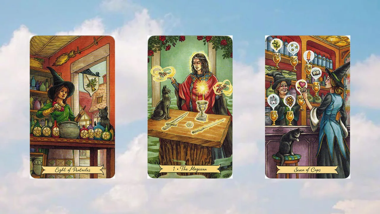 tụ bài tarot 2 eight of pentacles the magician - seven of cups