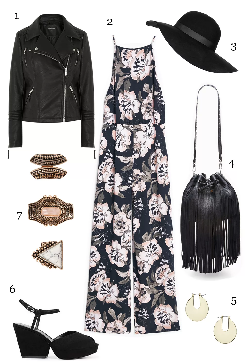 THỨ BA: 1 áo khoác Warehouse, 2 jumpsuit Mango, 3 nón Topshop, 4 túi Bally, 5 hoa tai Topshop, 6 giày Charles & Keith, 7 set nhẫn Aldo