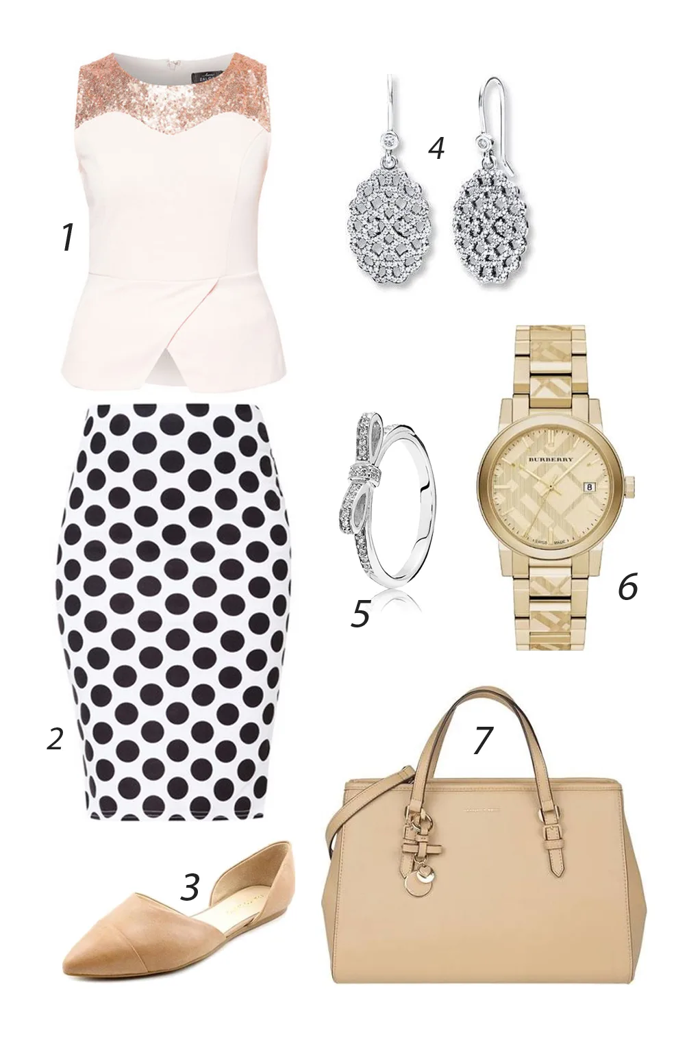 Thứ Tư bó sát với đầm chấm bi đen trắng. 1. ZALORA 2. NEW LOOK 3. FRANCO SARTO 4. PANDORA 5. PANDORA RINGS 6. BURBERRY
