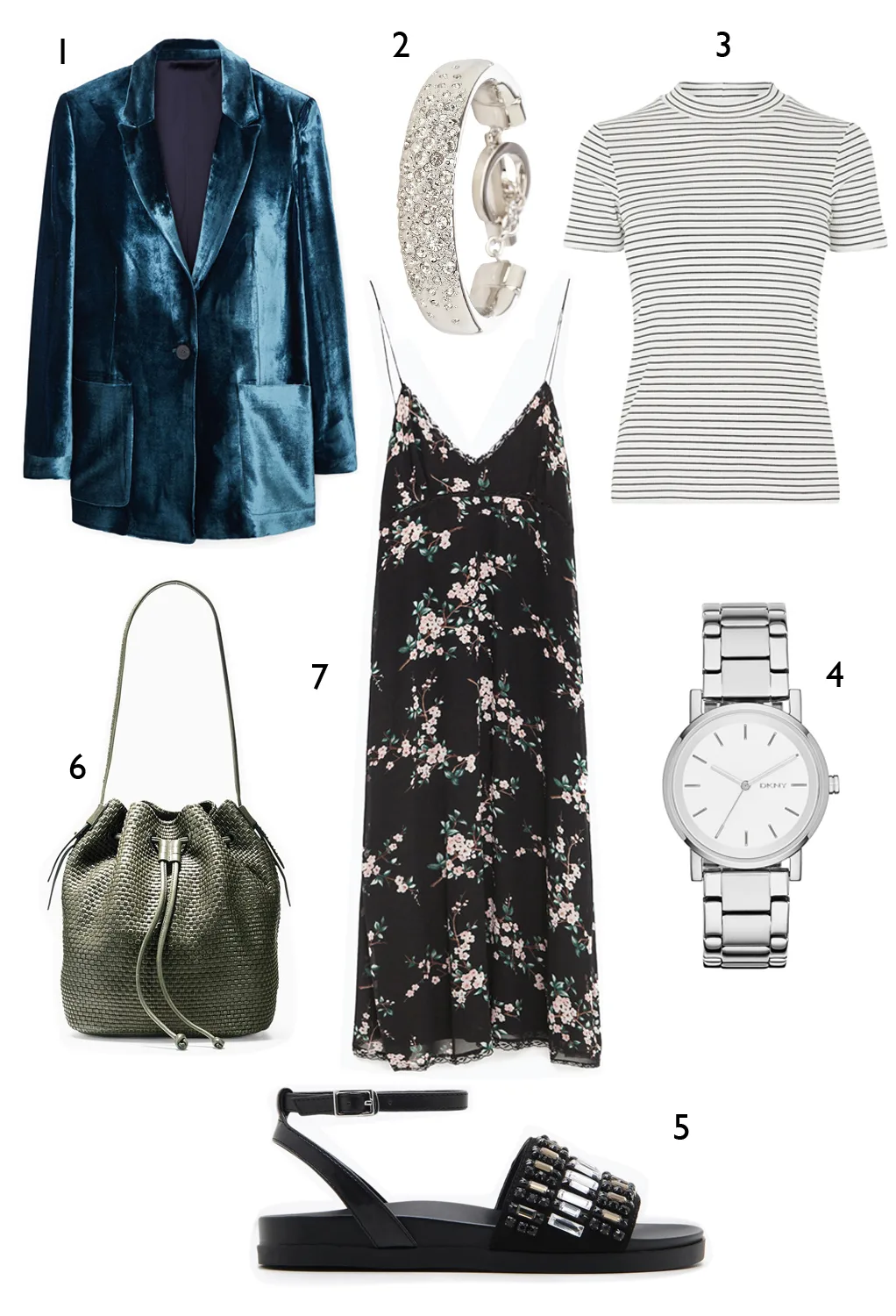 CÁCH PHỐI 5: 1. Blazer nhung Mango - 2. Vòng tay Karen Millen - 3. Áo Warehouse - 4. Đồng hồ DKNY - 5. Sandals Pedro - 6. Túi Cole Hann - 7. Đầm Zara