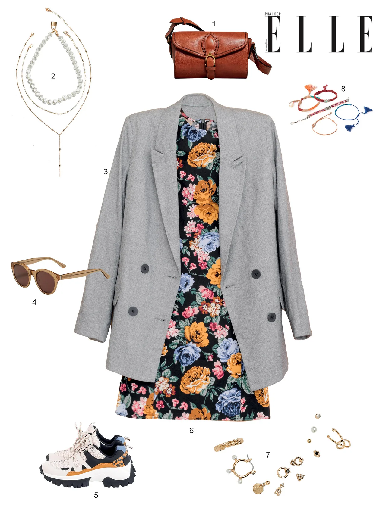 phối đồ với đầm họa tiết hoa và áo khoác blazer