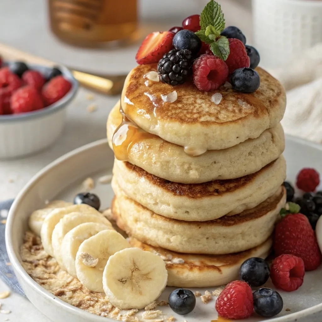 Bánh pancake xếp lớp, rưới mật ong và trái cây cắt lát