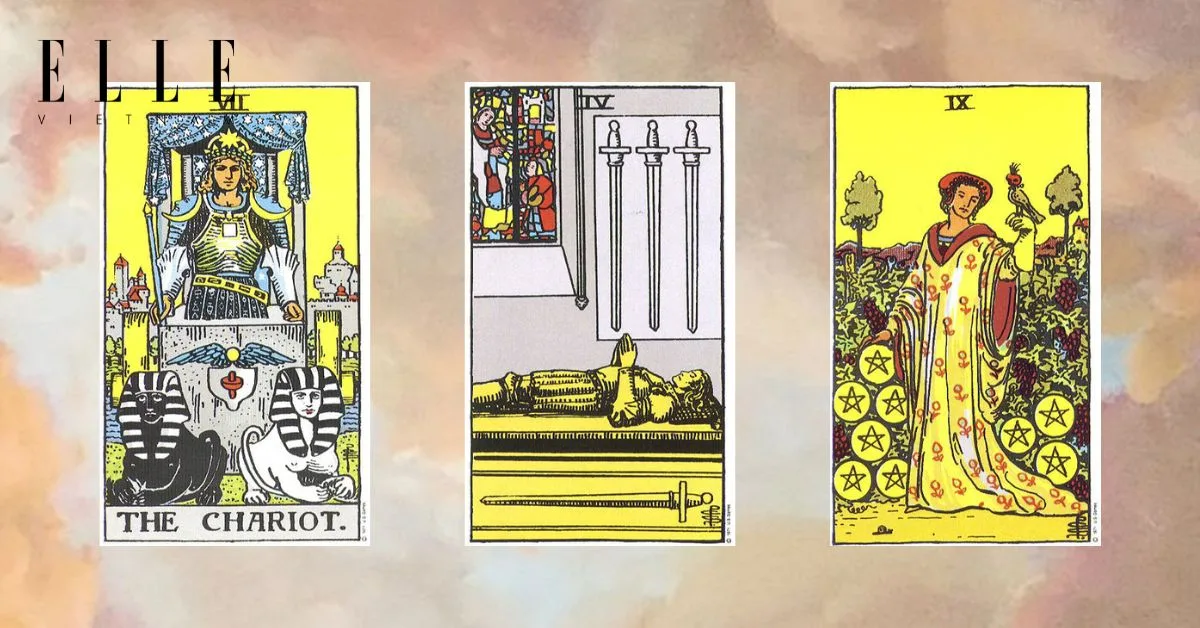 Bạn có 3 lá bài tarot: The Chariot - Four of Swords - Nine of Pentacles