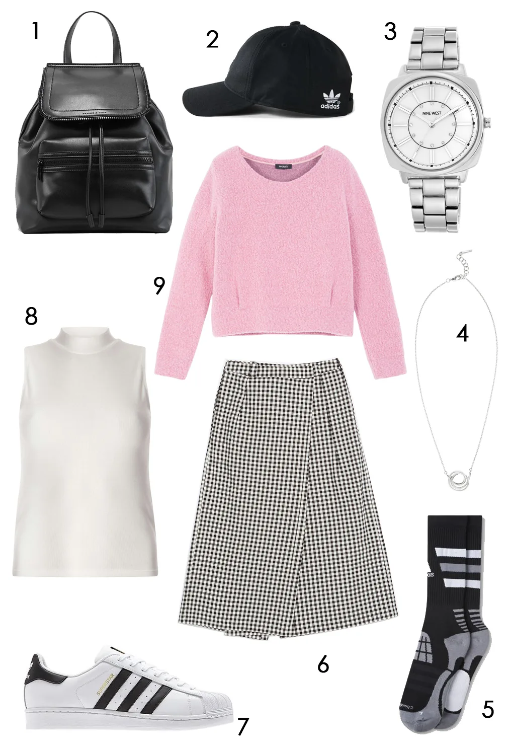 CÁCH PHỐI 6: 1.Ba lô Charles & Keith - 2.Nón Adidas - 3.Đồng hồ Nine West - 4.Dây chuyền Karen Millen - 5.Vớ Adidas - 6.Skort Zara - 7.Giày Adidas - 8.Áo cổ lọ Dorothy Perkins - 9.Áo sweatshirt Max & Co