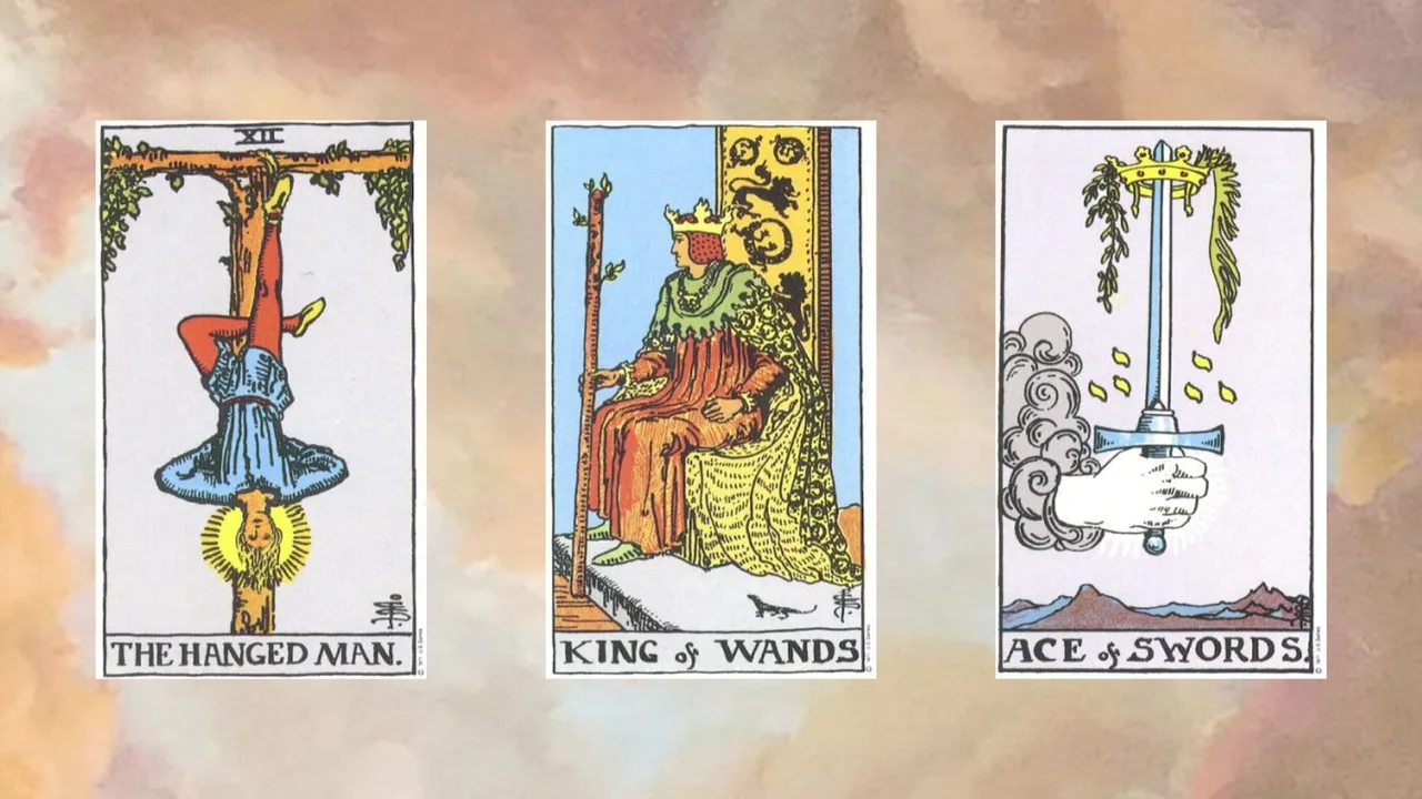 trải bài gồm The Hanged Man - King of Wands - Ace of Swords