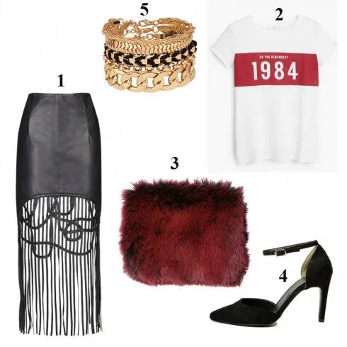 1. Váy da Topshop - 2. Áo thun Mango - 3. Clutch lông thú Style Nanda - 4. Giày cao gót Style Nanda - 5. Vòng tay ánh kim Aldo