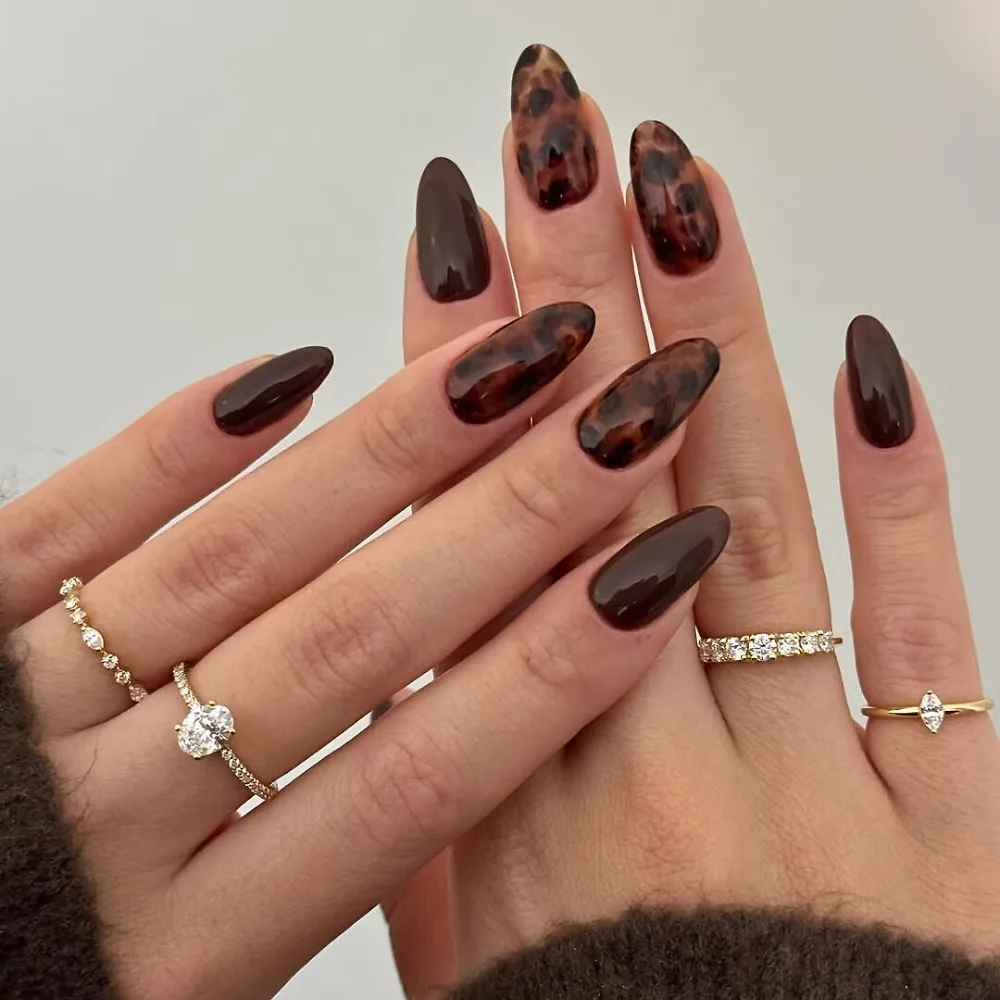 Bàn tay sơn mẫu nail màu nâu cùng họa tiết mai rùa