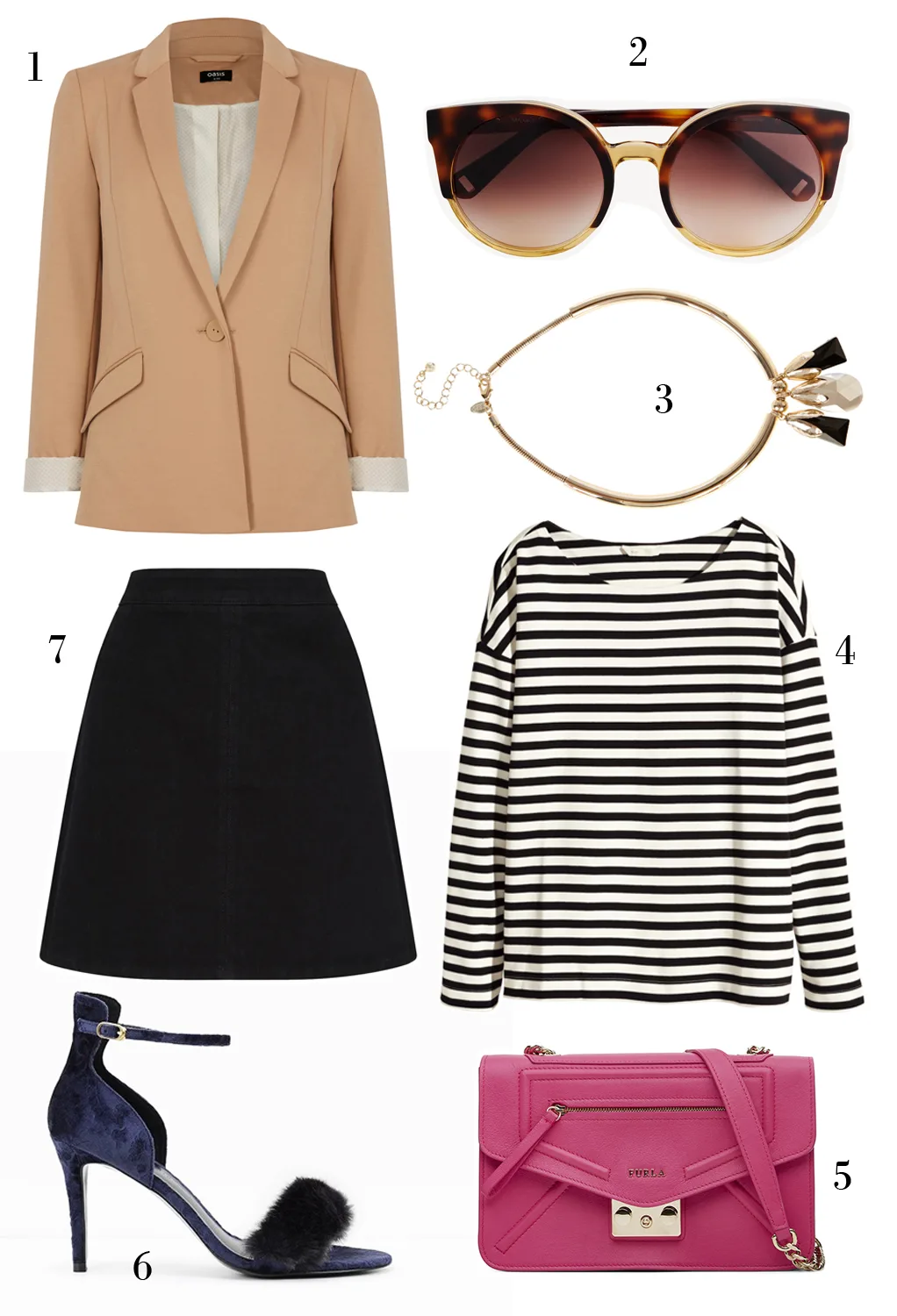 CÁCH PHỐI 4: 1. Áo blazer Oasis - 2. Mắt kính Max & Co - 3. Vòng cổ Coast - 4. Áo thun kẻ sọc H&M - 5. Túi xách Furla - 6. Giày Charles & Keith - 7. Váy Warehouse