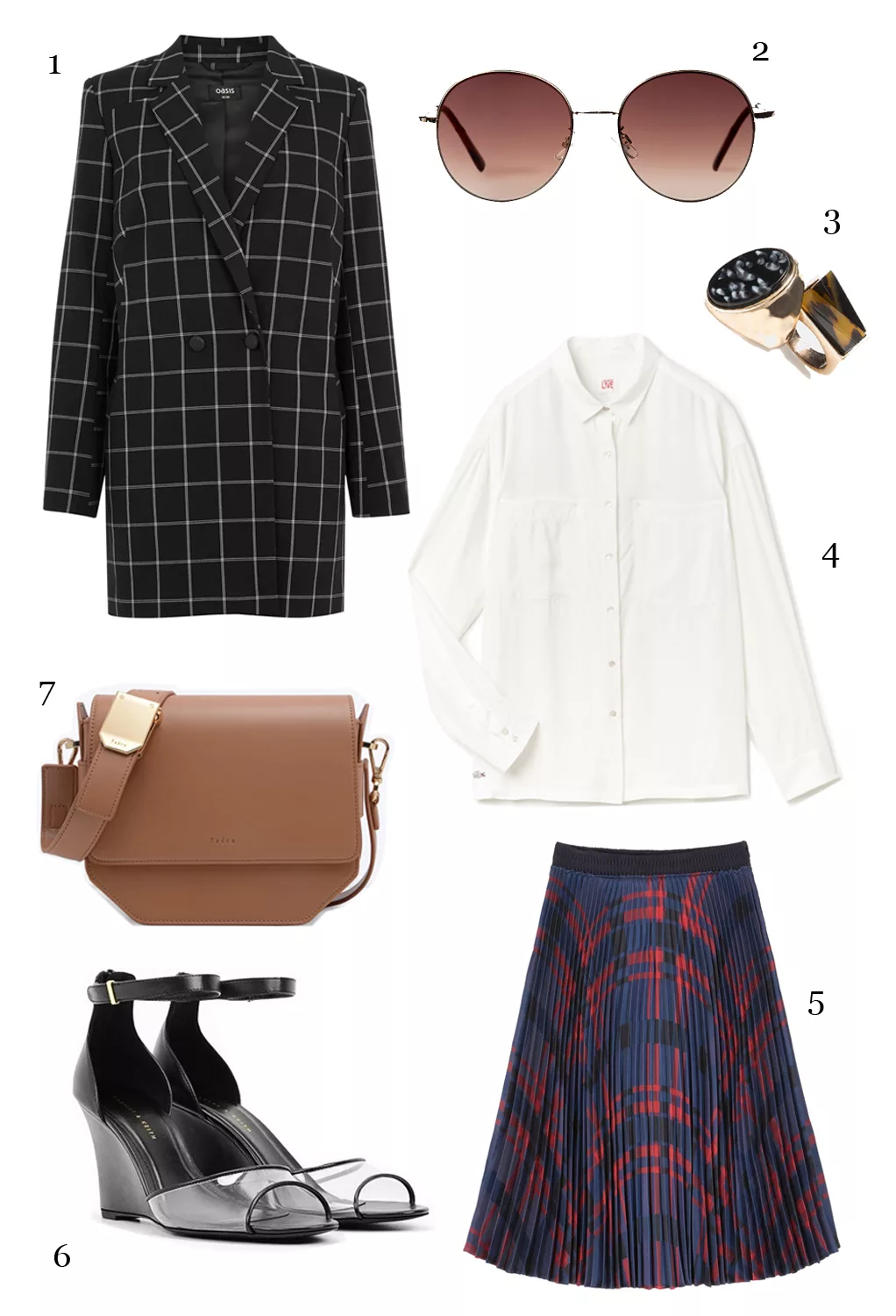 CÁCH PHỐI 5: 1-Áo khoác Oasis, 2-Mắt kính Mango, 3-Nhẫn Mango, 4-Áo sơ mi Lacoste, 5-Váy Max & Co, 6-Giày Charles & Keith, 7-Túi Pedro.