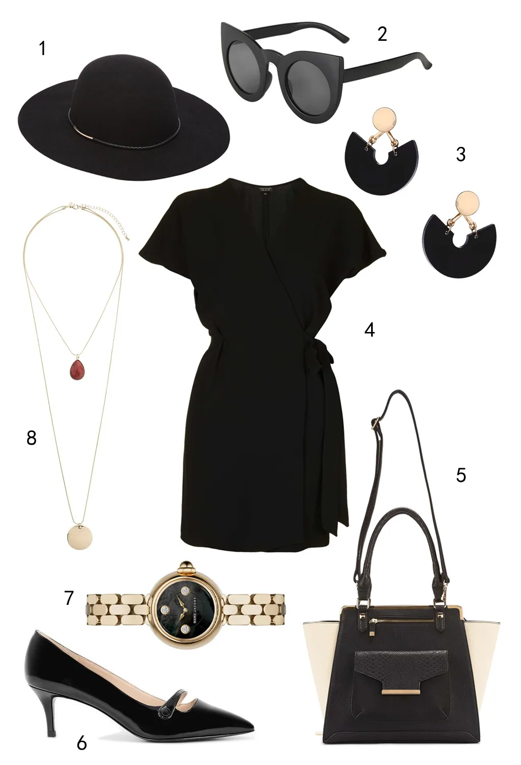 THỨ TƯ: 1 nón Marks & Spencer, 2 mắt kính Topshop, 3 hoa tai Miss Selfridge, 4 đầm Topshop, 5 túi Miss Selfridge, 6 giày Charles & Keith, 7 đồng hồ Marc Jacobs, 8 dây chuyền Miss Selfridge