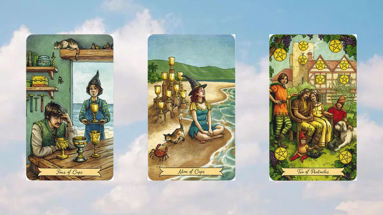 trải bài tuần four of cups - nine of cups - ten of pentacles