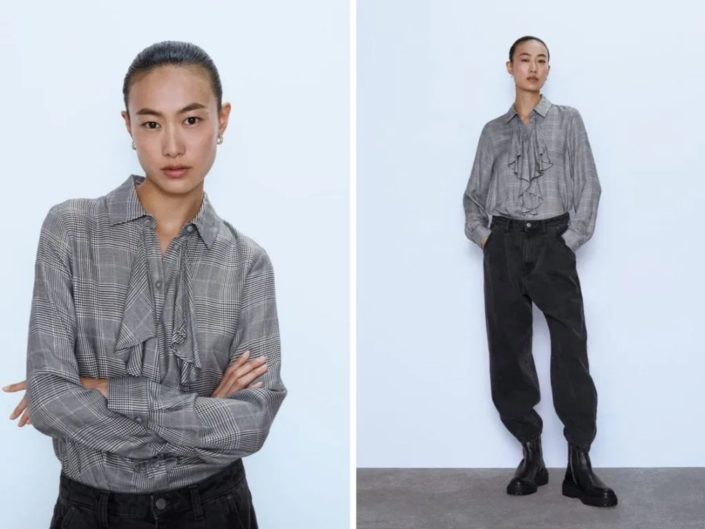 Thời trang công sở thu 2019 - áo sơ mi hoạ tiết phối bèo ZARA