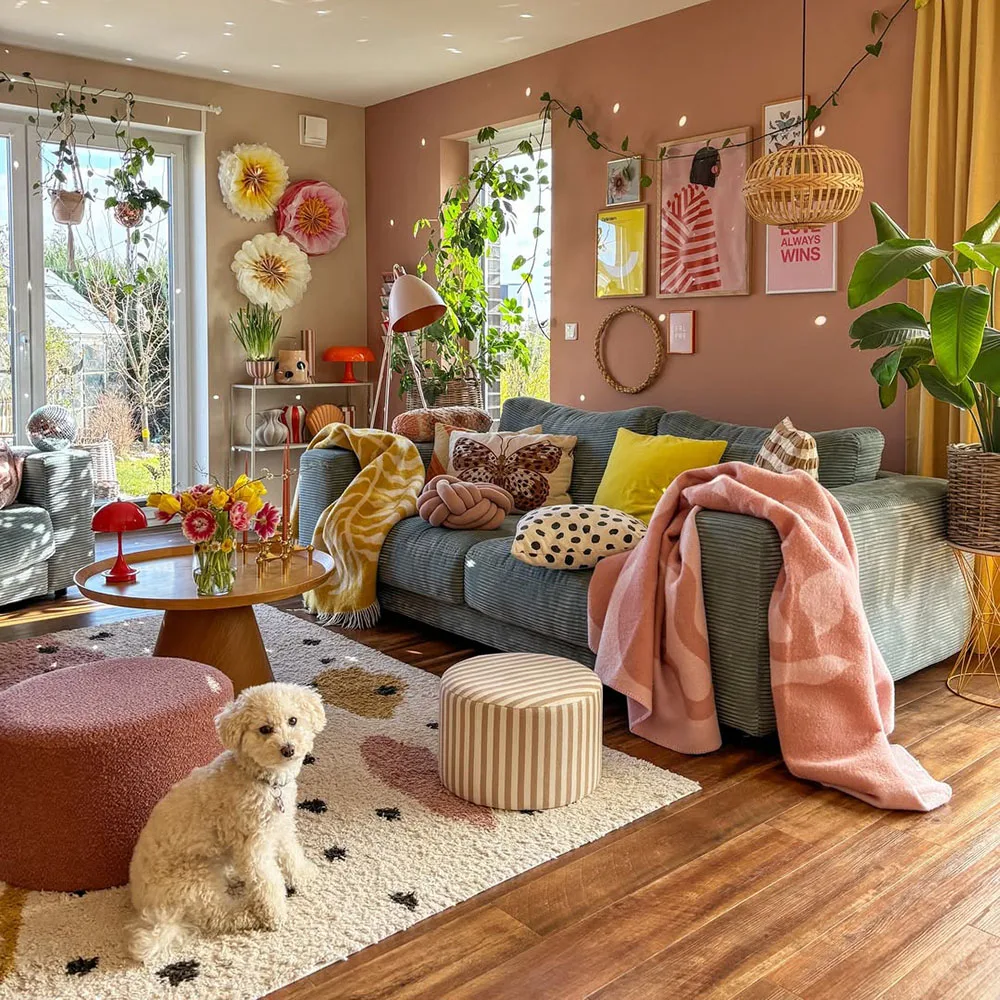 phòng khách trang trí theo phong cách dopamine decor