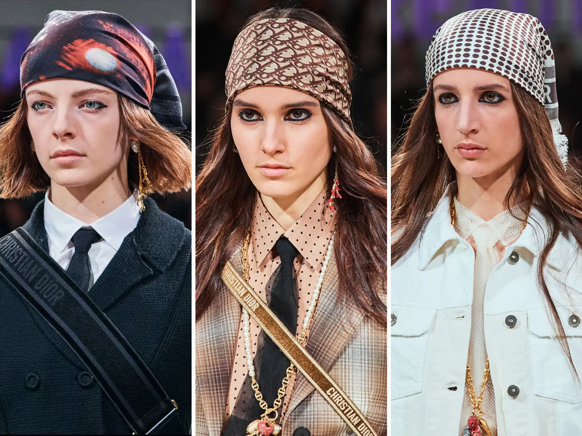 Khăn lụa buộc đầu với nhiều họa tiết khác nhau trong BST Thu - Đông 2020 của Christian Dior