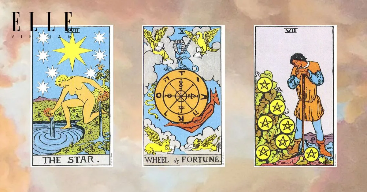 Bạn có các lá bài tarot: The Star - Wheel of Fortune - Seven of Pentacles