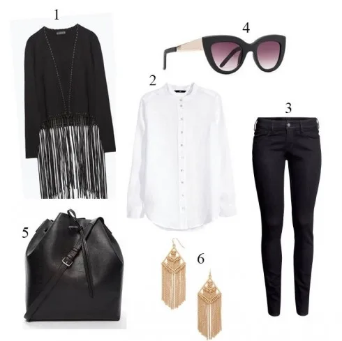 1.Áo khoác Zara - 2.Áo sơ-mi H&M - 3.Quần jeans H&M - 4.Kính mát Forever 21 - 5.Túi bucket bag Forever 21 - 6.Hoa tai Forever 21