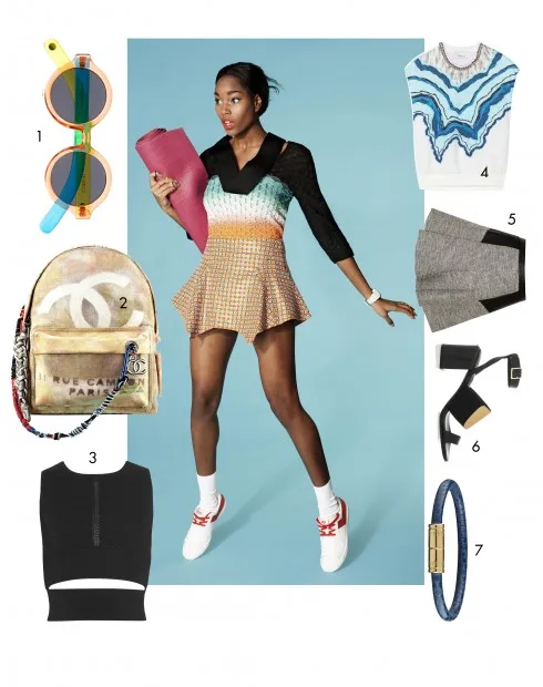 Người mẫu: Áo Missoni, Váy Just Cavalli, Giày Pony, Tất We Love Colors, Đồng hồ G-Shock, Nhẫn I Still Love You NYC 1.Kính mát Le Specs 2.Ba lô Chanel 3.Áo Versace 4.Áo 3.1 Phillip Lim 5.Chân váy Karl Lagerfeld 6.Sandals See By Chlóe 7.Vòng đeo tay Louis Vuitton