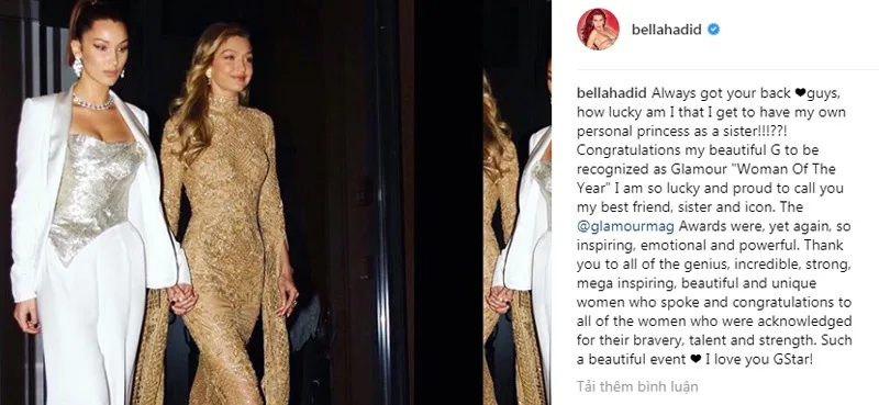 Bella Hadid chung vui cùng chị gái Gigi Hadid khi được nhận giải thưởng "Woman Of The Year" Bella Hadid chung vui cùng chị gái Gigi Hadid khi được nhận giải thưởng "Woman Of The Year"