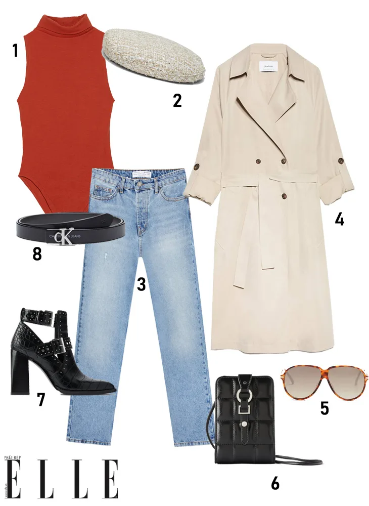 elle style calendar cách phối đồ layer với trench coat, bodysuit và jeans