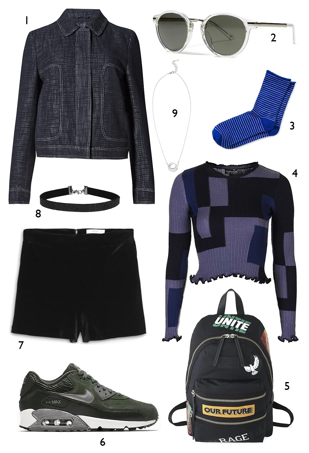 CÁCH PHỐI 6: 1. Áo khoác Marks & Spencer - 2. Mắt kính Banana Republic - 3. Vớ Banana Republic - 4. Áo Topshop - 5. Ba lô Marc Jacobs - 6.Giày Nike - 7. Quần Mango - 8. Vòng cổ choker Topshop - 9. Dây chuyền Karen Millen