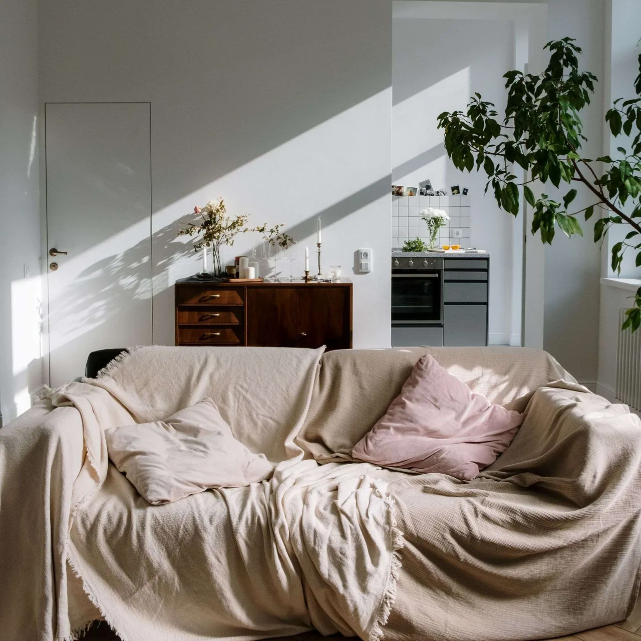 Chiếc tủ thấp được đặt phía sau sofa