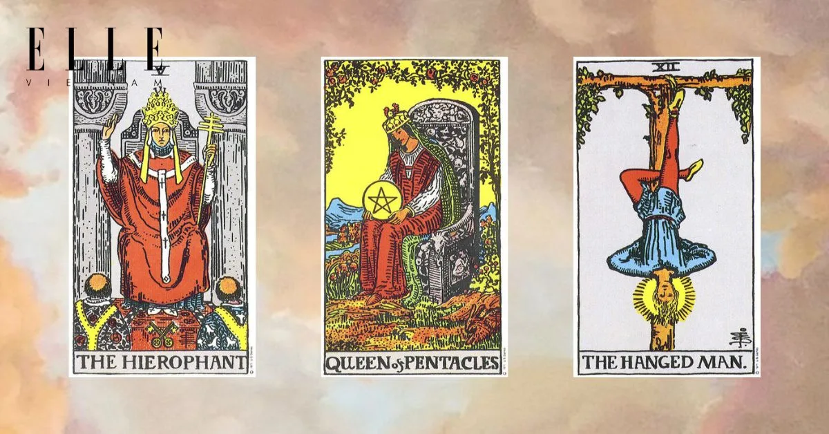 Bạn có các lá bài tarot: The Hierophant - Queen of Pentacles - The Hanged Man