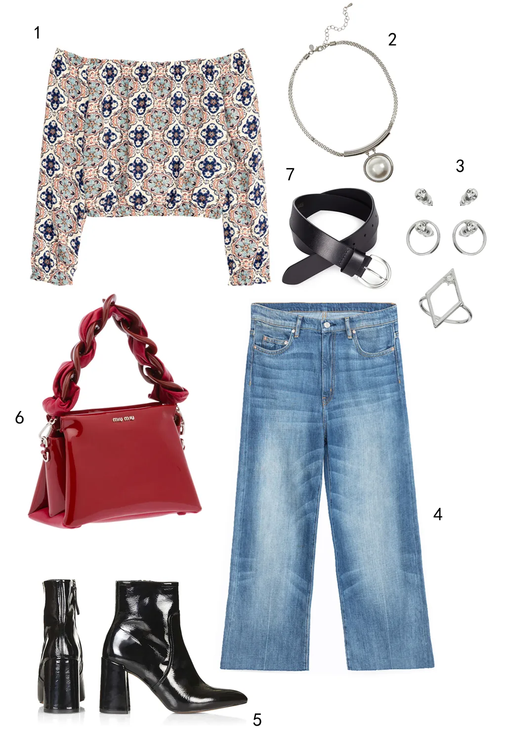 THỨ TƯ: 1 áo H&M, 2 vòng cổ Marks & Spencer, 3 set hoa tai và nhẫn Miss Selfridge, 4 quần jeans Zara, 5 boots Topshop, 6 túi Miu Miu, 7 thắt lưng Marks & Spencer