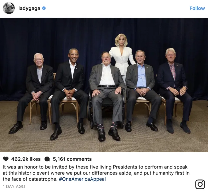 Lady Gaga xuất hiện cùng 5 cựu Tổng thống Hoa Kỳ trên sân khấu từ thiện - ELLE Việt Nam