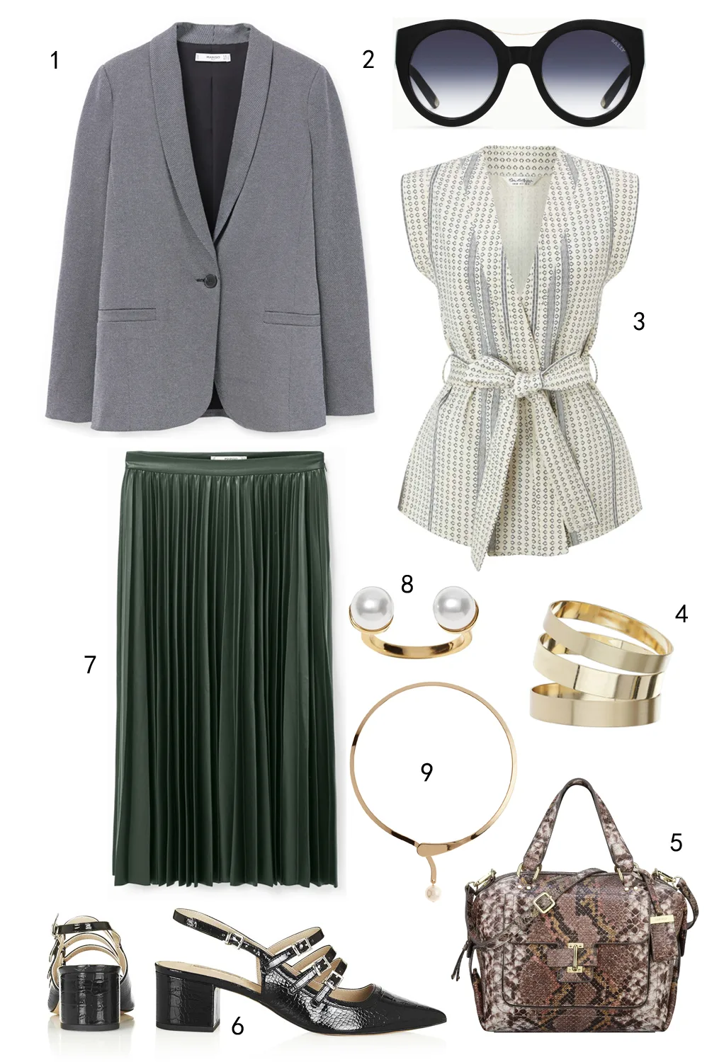 THỨ SÁU: 1 áo blazer Mango, 2 mắt kính Bally, 3 áo Miss Selfridge, 4 vòng tay Miss Selfridge, 5 túi Nine West, 6 giày Topshop, 7 váy Mango, 8 nhẫn Banana Republic, 9 vòng cổ Marks & Spencer