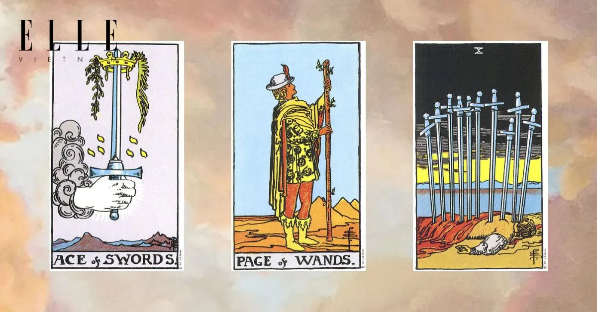 trải bài tarot dự đoán tuần mới gồm Ace of Swords - Page of Wands - Ten of Swords