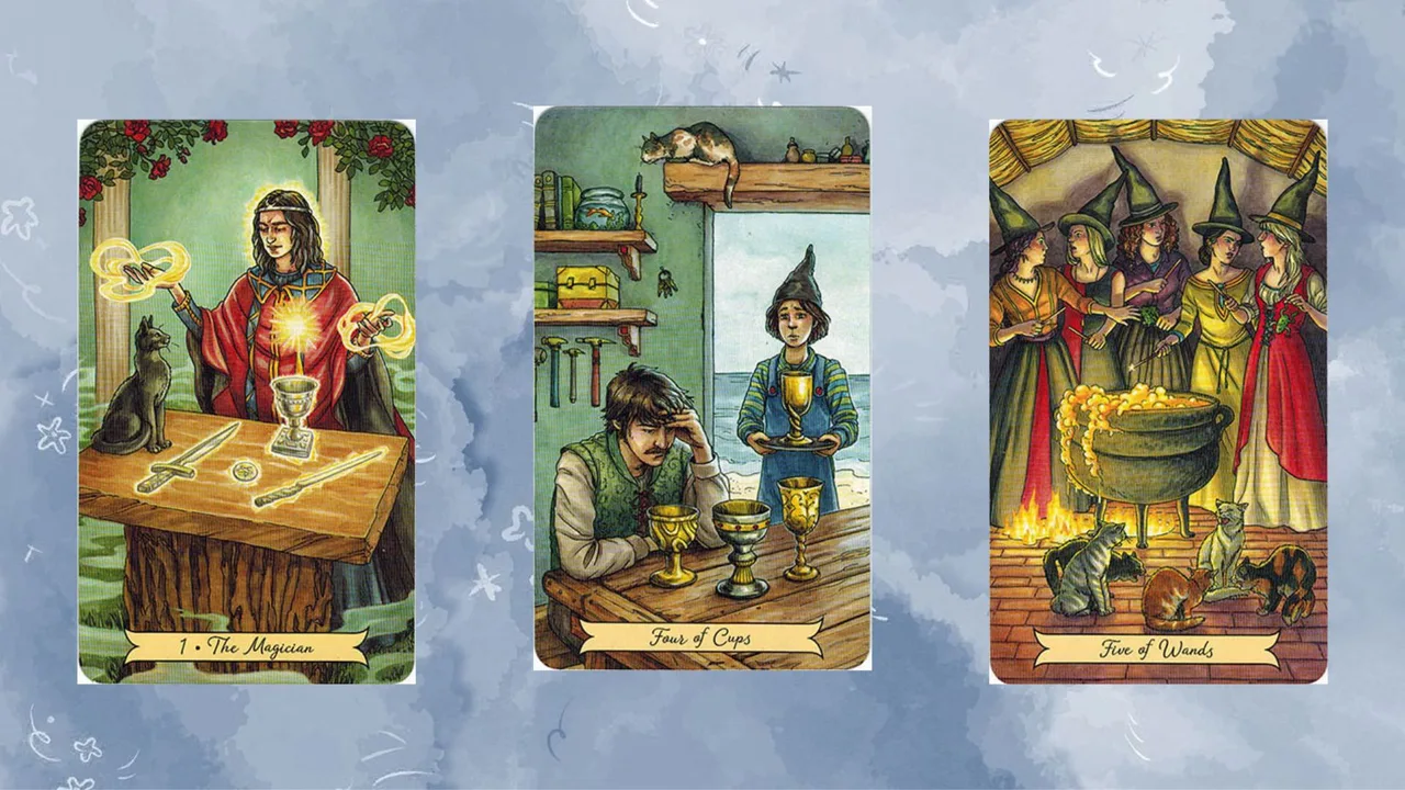 trải bài tuần mới gồm The Magician – Four of Cups – Five of Wands