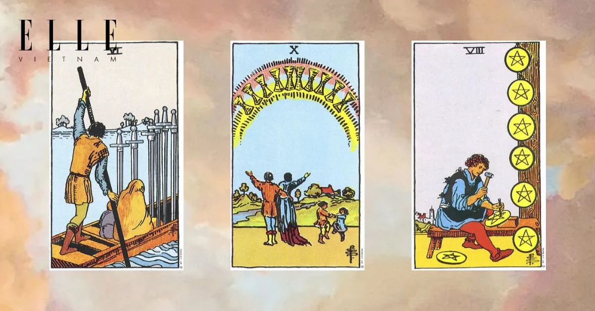 Bạn có các lá bài tarot: Six of Swords - Ten of Cups - Eight of Pentacles