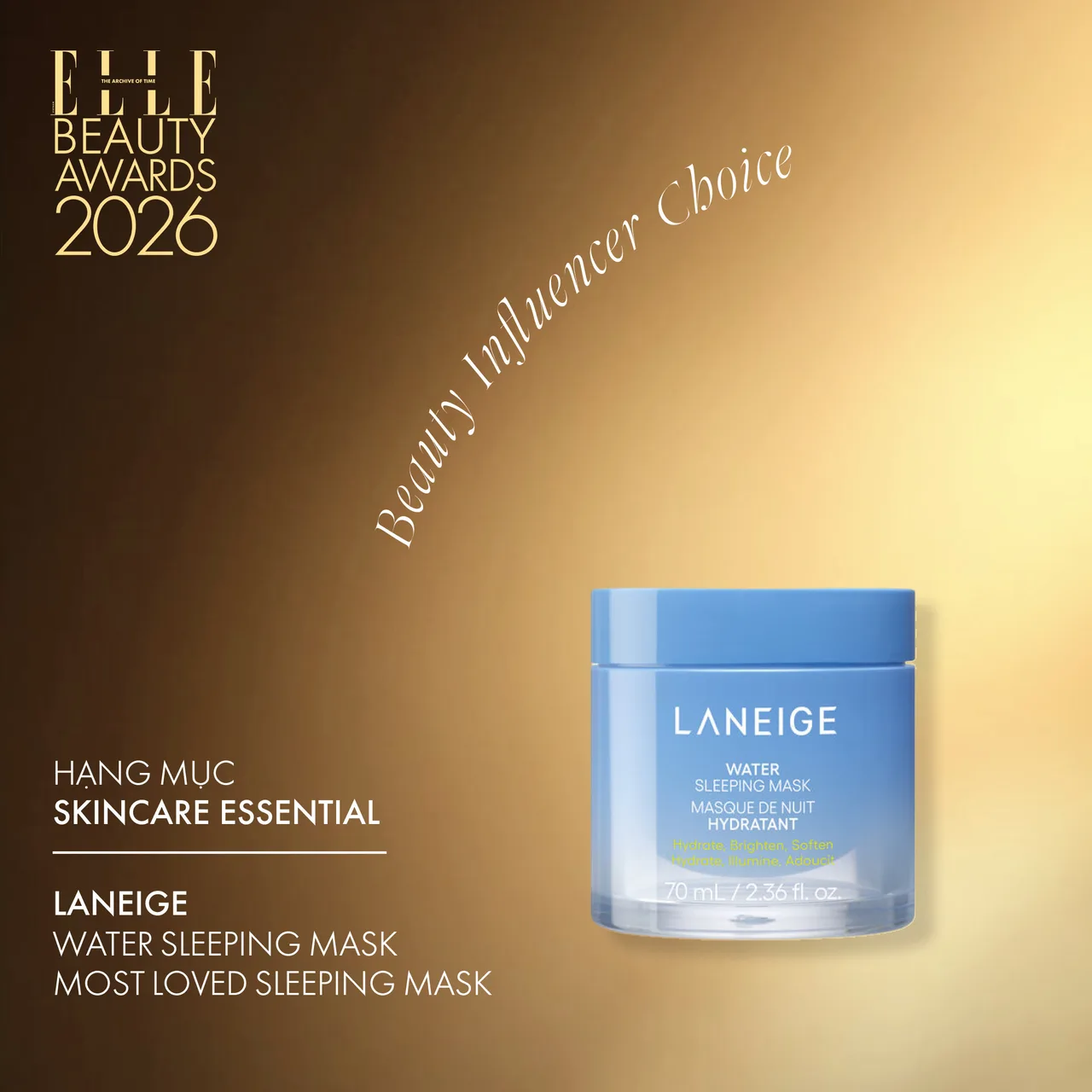 Water Sleeping Mask nhận giải thưởng Skincare Product of The Year hạng mục Beauty Influencer's Choice tại ELLE Beauty Awards 2026.