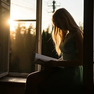 cô gái elle ngồi đọc sách bên cửa sổ