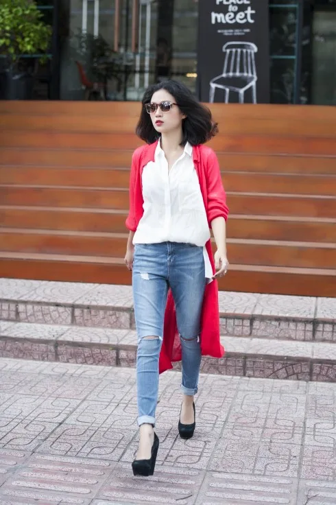 Áo sơmi, Quần jeans Topshop, Cardigan Palette