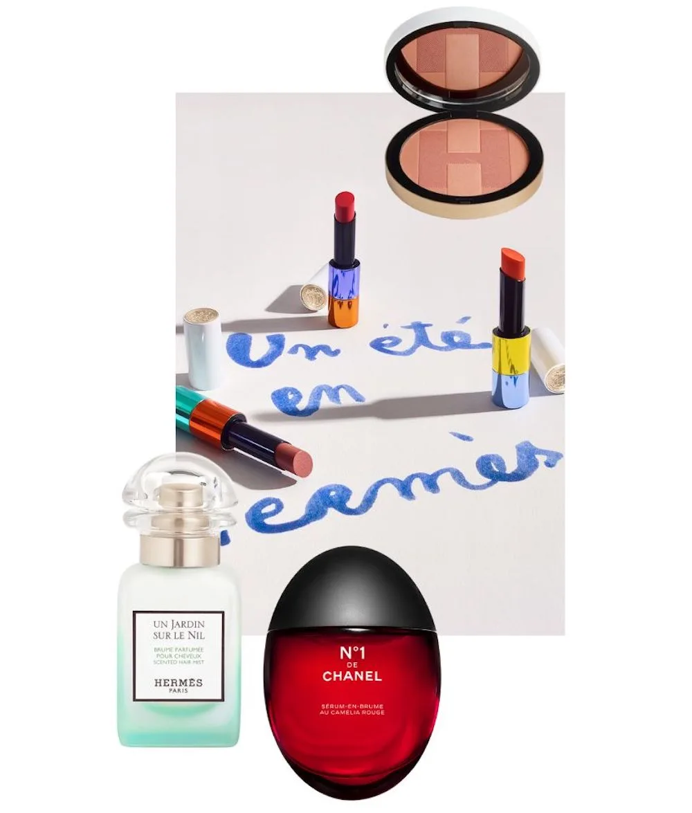Má hồng HERMÈS H Trio Le Grand Blush Silky Blush, Son môi HERMÈS Rouge Brillant Silky, Dầu khô dành cho tóc và cơ thể HERMÈS Un Jardin sur le Nil, CHANEL N°1 de Chanel Serum-In-Mist