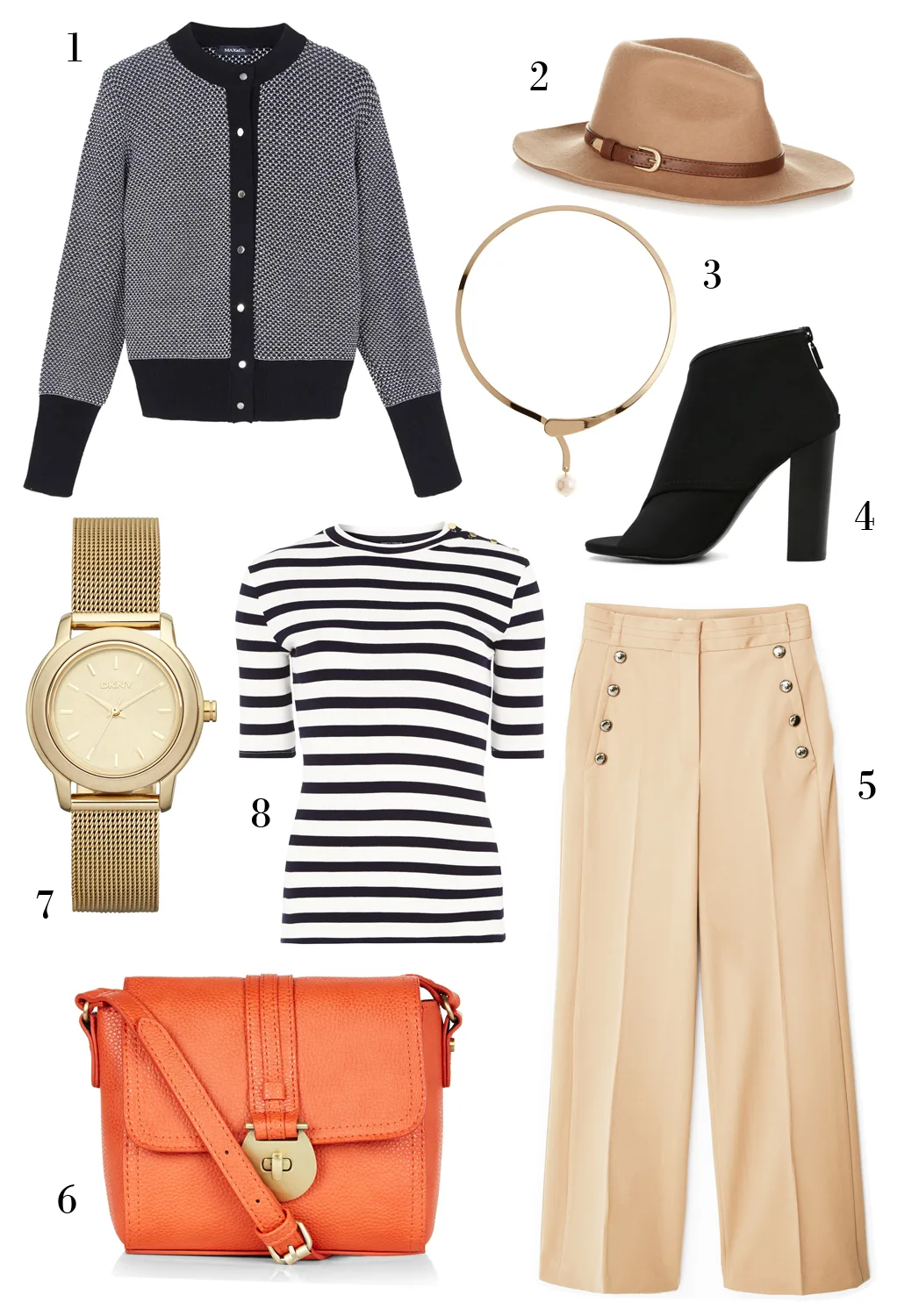 CÁCH PHỐI 2: 1. Cardigan Max & Co - 2. Nón Accessorize - 3. Vòng cổ Marks & Spencer - 4. Giày Aldo - 5. Quần Mango - 6. Túi xách Accessorize - 7. Đồng hồ DKNY - 8. Áo thun kẻ sọc Dorothy Perkins