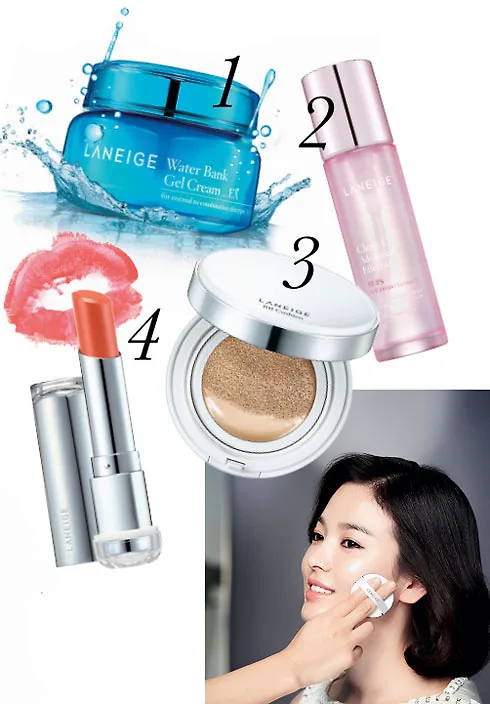 1. Gel dưỡng ẩm Laneige Water Bank 2. Tinh chất hỗ trợ Laneige Clear C Advanced Effector 3. Kem nền Laneige BB Cushion 4. Son Langeige Serum Intense Lipstick