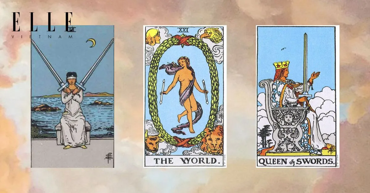Bạn có các lá bài tarot: Two of Swords - The World - Queen of Swords
