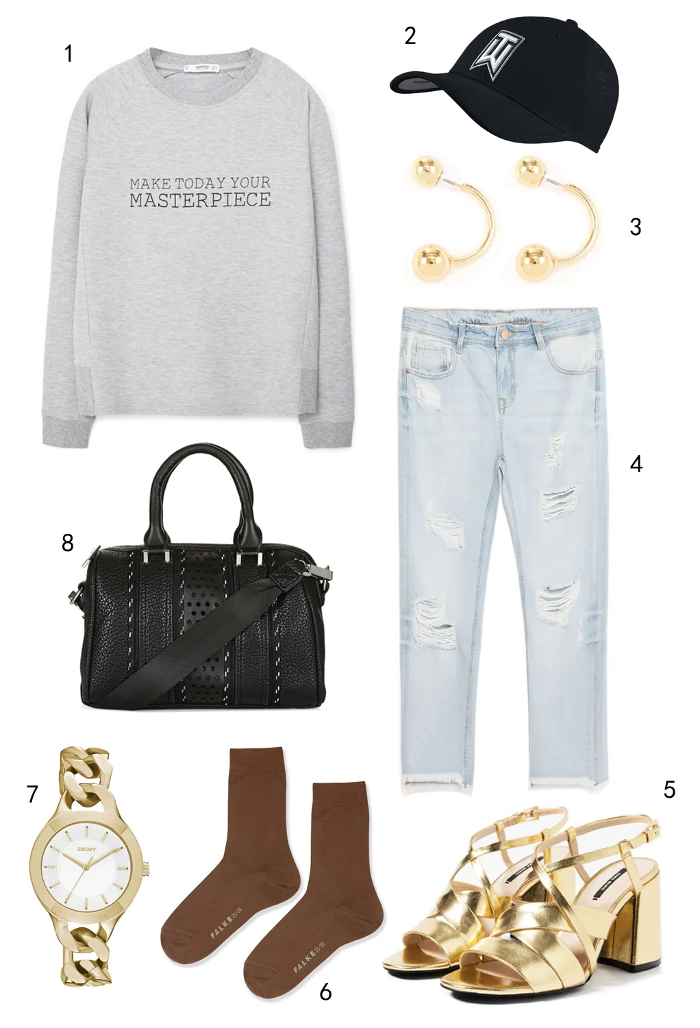 THỨ BA: 1 áo sweatshirt Mango, 2 nón Nike, 3 hoa tai Warehouse, 4 quần jeans Zara, 5 giày Zara, 6 vớ Topshop, 7 đồng hồ DKNY, 8 túi Topshop