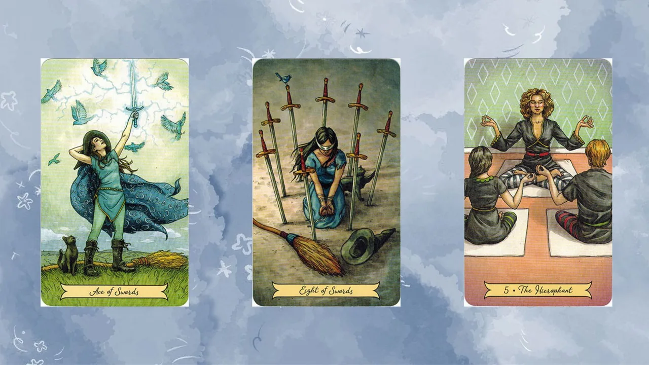 trải bài tarot tuần gồm Ace of Swords – Eight of Swords – The Hierophant