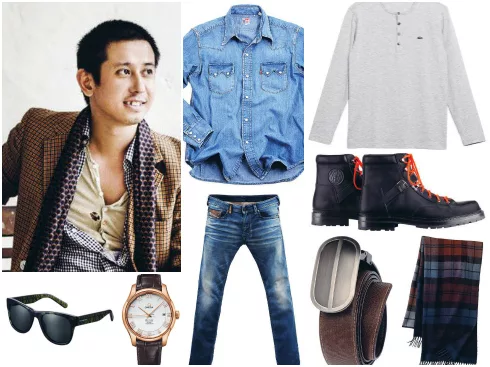 Kính mát Burberry, áo sơmi denim Levi's, thắt lưng Pedro, quần jeans Diesel, áo len mỏng Lacoste, đồng hồ dây da Omega, khăn kẻ carô Gap, bốt combat Hermès.