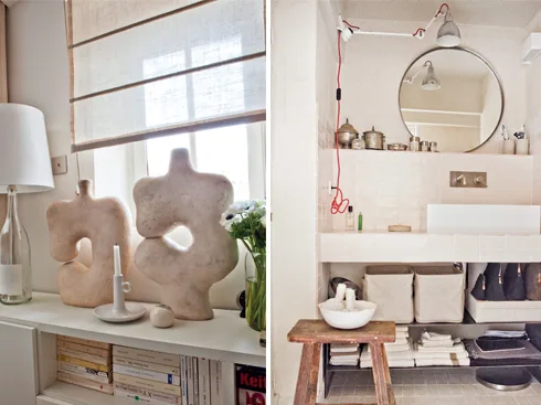 Phòng ngủ: Giường Officina Lanzi Giường bọc vải lanh & gối Caravane (caravane.fr) từ Maison-Hand. Rèm cửa Society tại Maison-Hand. Gương Rattan “Les Puces de Lyon”. Đèn treo tường Đèn Gras từ Maison-Hand. Phòng tắm: Đèn treo tường Đèn Gras Gương Ikea. Ghế đẩu gỗ ghế đẩu châu Á cổ. Bồn rửa mang về từ Ấn Độ.