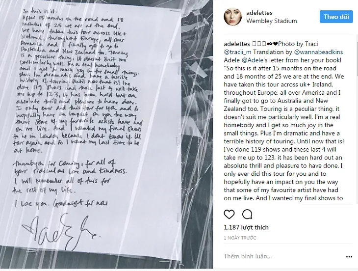"Họa mi nước Anh" - Adele: "Sẽ không còn bất kì tour diễn quốc tế nào từ tôi nữa!" Adele chia sẻ bức thư viết tay về việc sẽ không có bất kì tour diễn quốc tế được tổ chức từ cô đến fan hâm mộ qua instagram cá nhân: