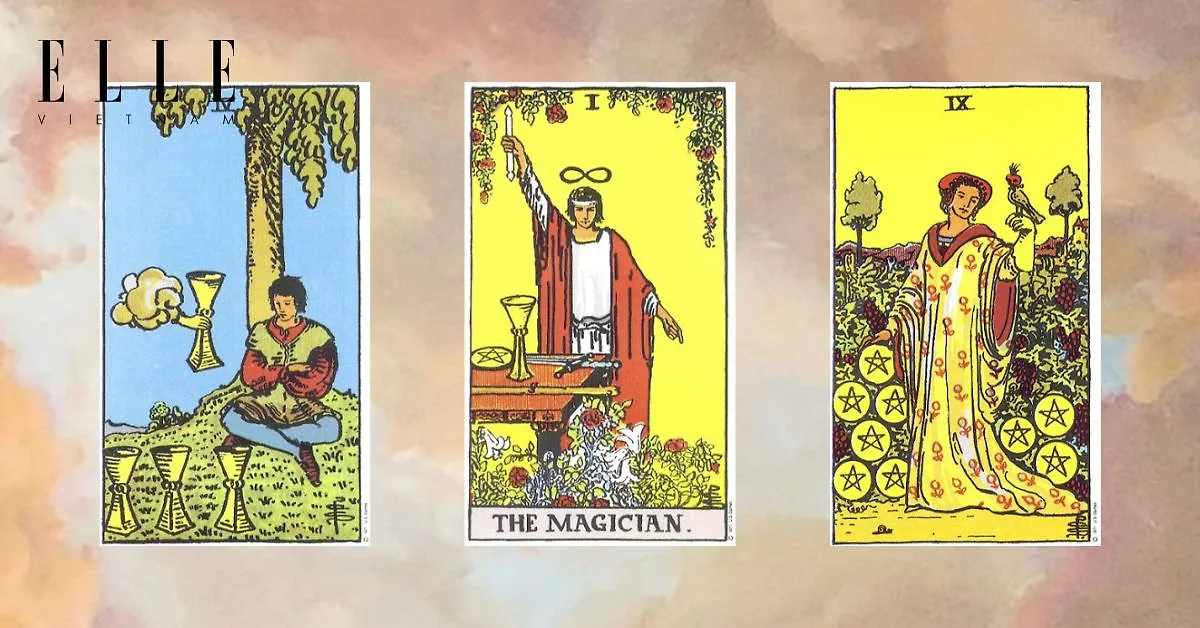 Bạn có các lá bài tarot: Four of Cups - The Magician - Nine of Pentacles
