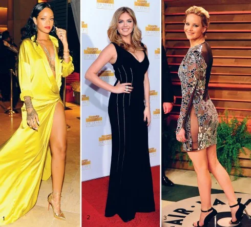 1.Rihanna chọn chiếc đầm lụa rất táo bạo của Alexandre Vauthier 2.Kate Upton luôn tự tin khoe vòng 1 với những chiếc áo xẻ ngực sâu 3.Jennifer Lawrence với bộ đầm mini Tom Ford
