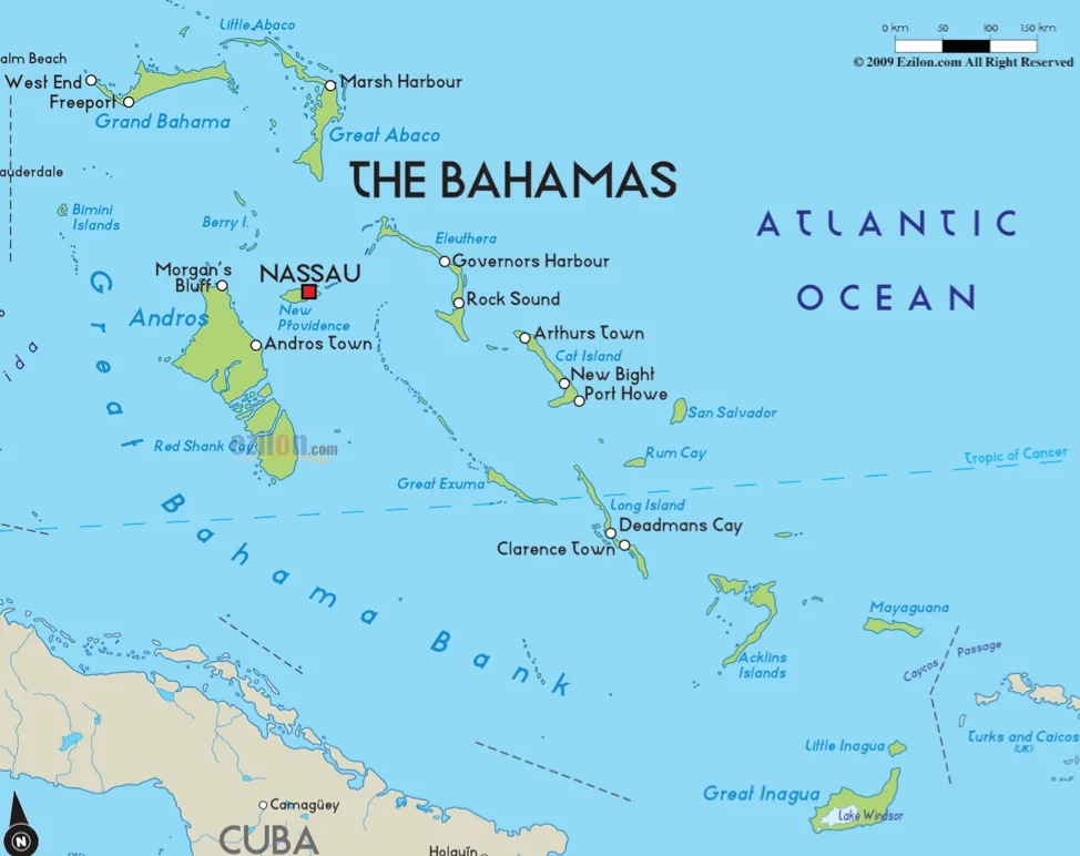 Bản đồ con tàu sẽ đi qua từ New Jersey đến Bahamas