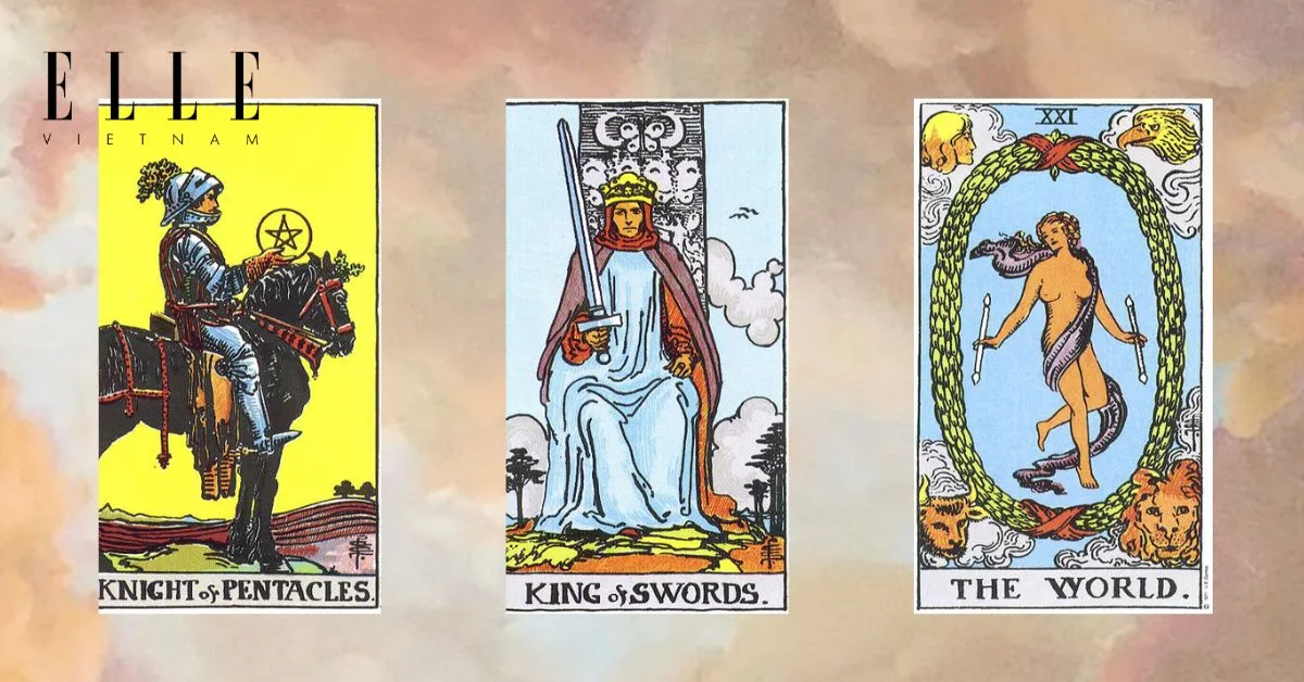 các lá bài tarot: Knight of Pentacles - King of Swords - The World